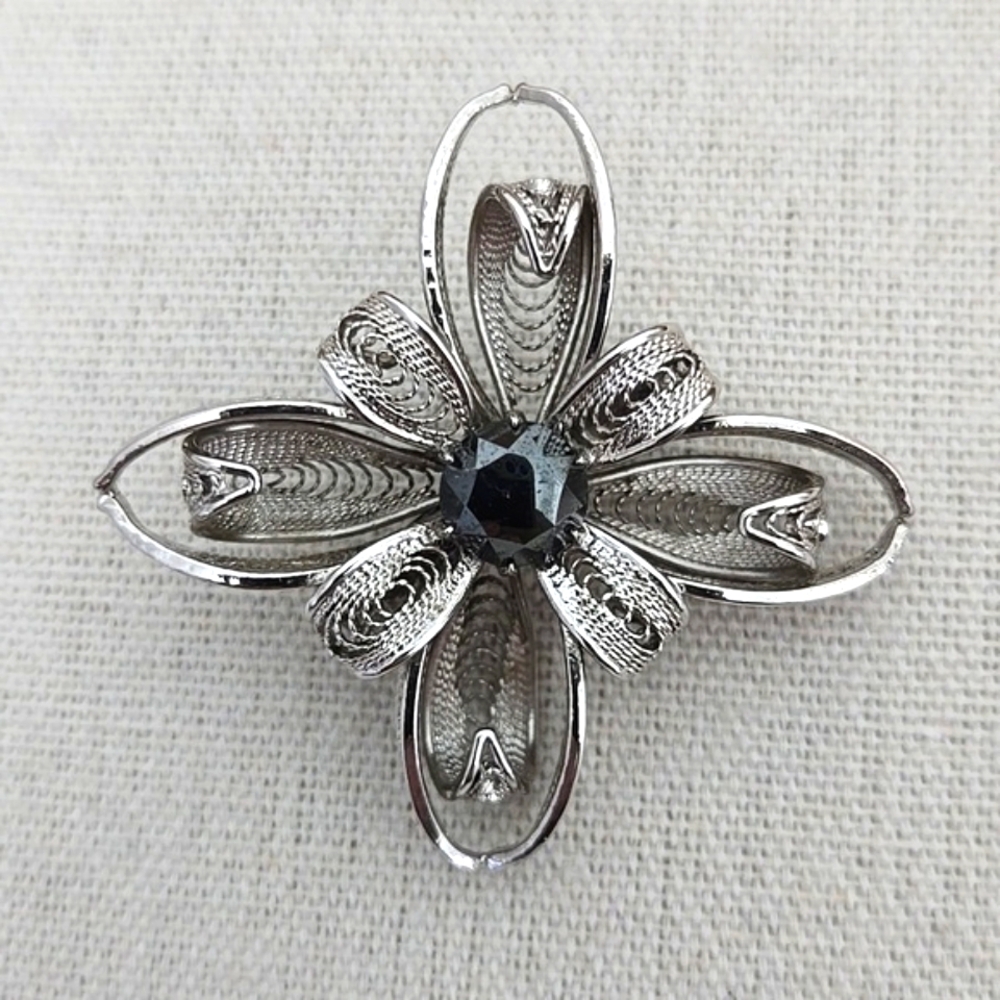 Spun Wire Flower Brooch Hematite Center Stone
